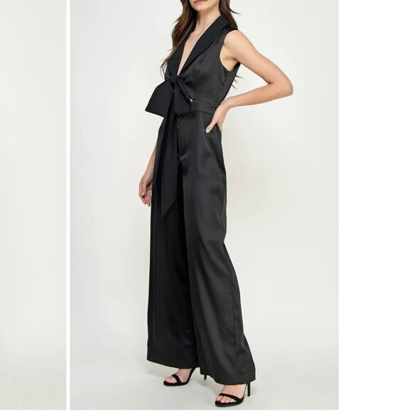 KOKO + MASON Plunge Neck Satin Jumpsuit SzM wedding guest formal event - Picture 1 of 6